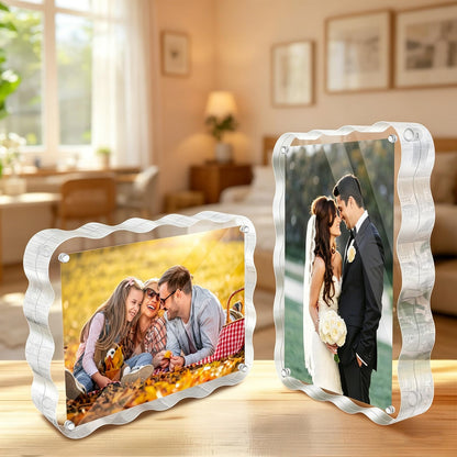 laapee 4x6 Acrylic Picture Frame 3 Pack, 10+10mm Thicker Magnetic Acrylic Frame, Double Sided Display, Anti-fading, Clear Block Scalloped Photo Frames Freestanding for Desktop Display