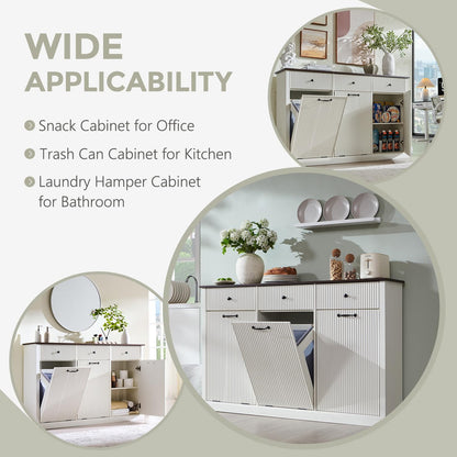 IFGET Triple Tilt Out Trash Can Cabinet, Modern Fluted Laundry Hamper Cabinet with 3 Drawers, 20 Gallon Hidden Wooden Garbage Can Cabinet w/Storage Basket & Adjustable Shelf, for Kitchen, White