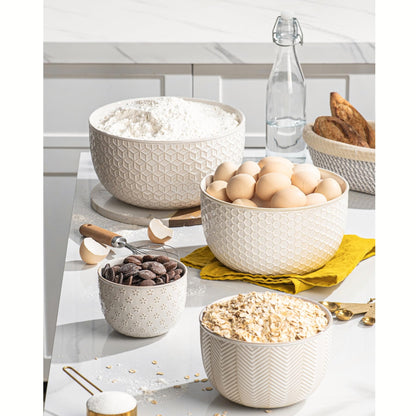 MIKIGEY Ceramic Mixing Bowls, Embossed Nesting Bowls Set of 4, Mixing Bowl Set for Serving, Baking, Cooking and Gift, Microwave and Dishwasher Safe, 20/47/99/148 oz, Off-White