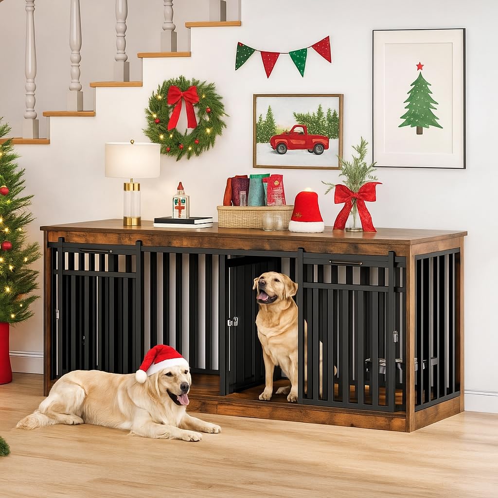 DWVO 71" Double Dog Crate Furniture for 2 Medium Dogs, Heavy Duty Wood Dual Dog Kennel TV Stand with Sliding Doors, Decorative Wooden 2 Dog Cage Table with Dog Bowls for Extra Large Dogs Rustic Brown