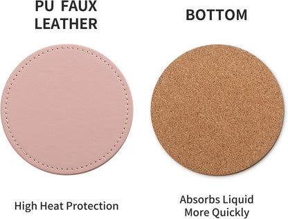 Set 6, Set CASEGRACE Drink Coasters with Metal Holder Stand of PU Leather Absorbent Coasters with Cork Base Table