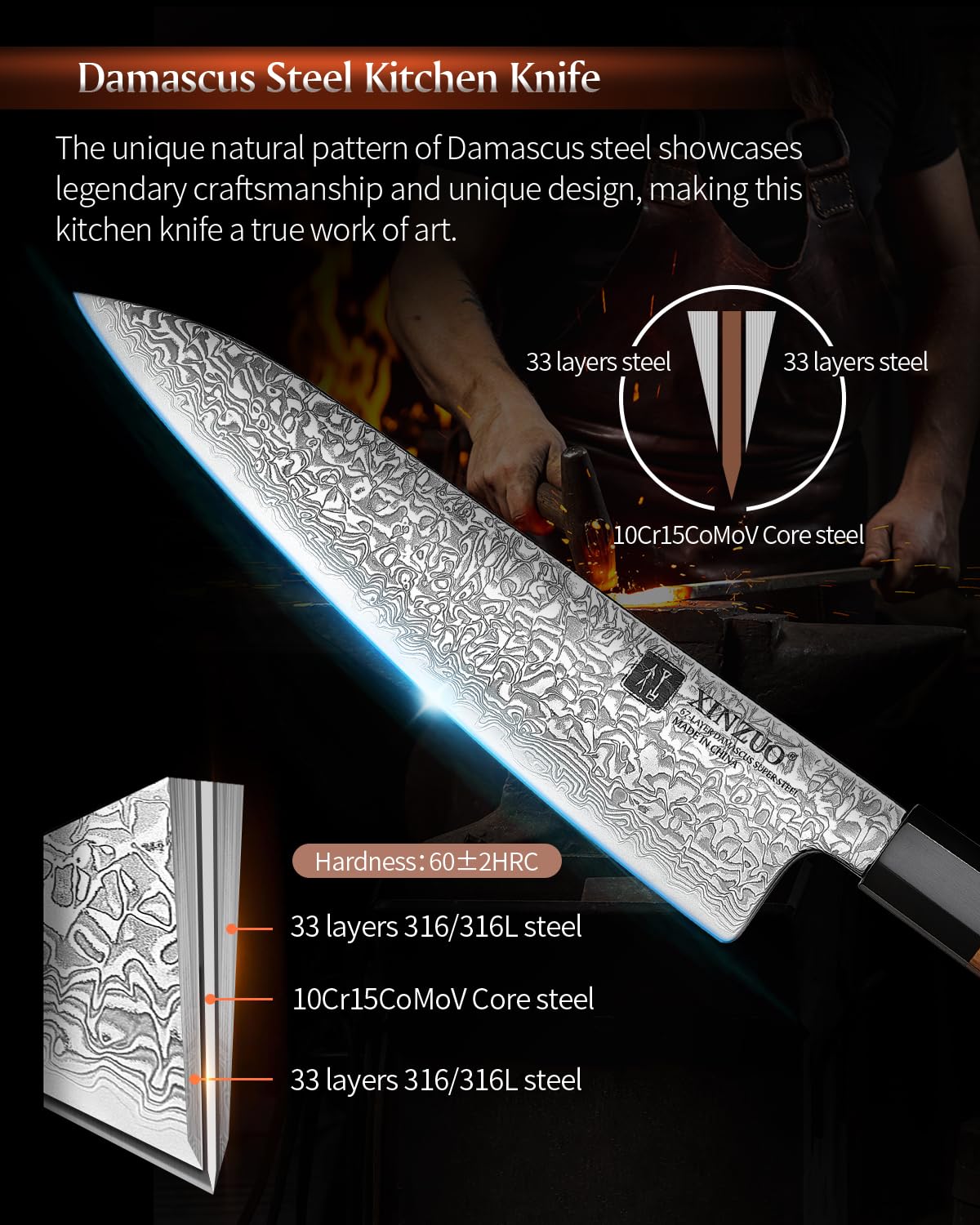 XINZUO Knife Block Set,Hand Forged 67 Layers Damascus Steel,7 Pieces Professional Chef Knife Set with Block&Kitchen Shear&Block, Razor Sharp, Olive Wood Octagonal Handle,Exquisite Box Package