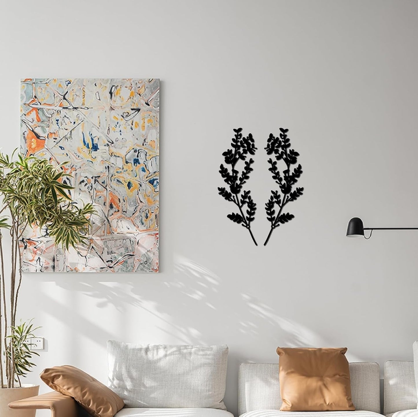 CREATCABIN Metal Tree Leaf Wall Decor, Double Black Wrought Iron Scroll Sculpture Leaf Hanging Decor