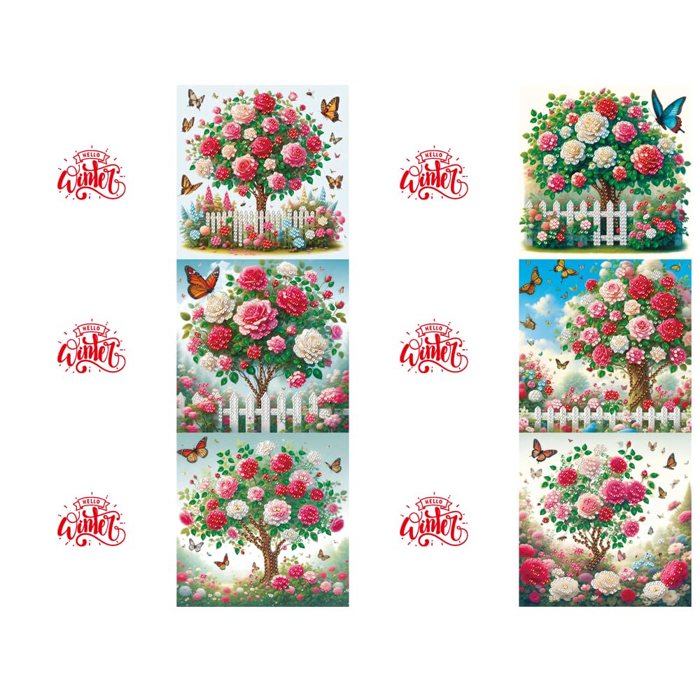 pigpigboss 6 Packs Rose Diamond Painting Greeting Cards Kit, Butterfly Rose Tree Garden Diamond Art Birthday Card with Envelope for Adult Beginner Holiday Blessing