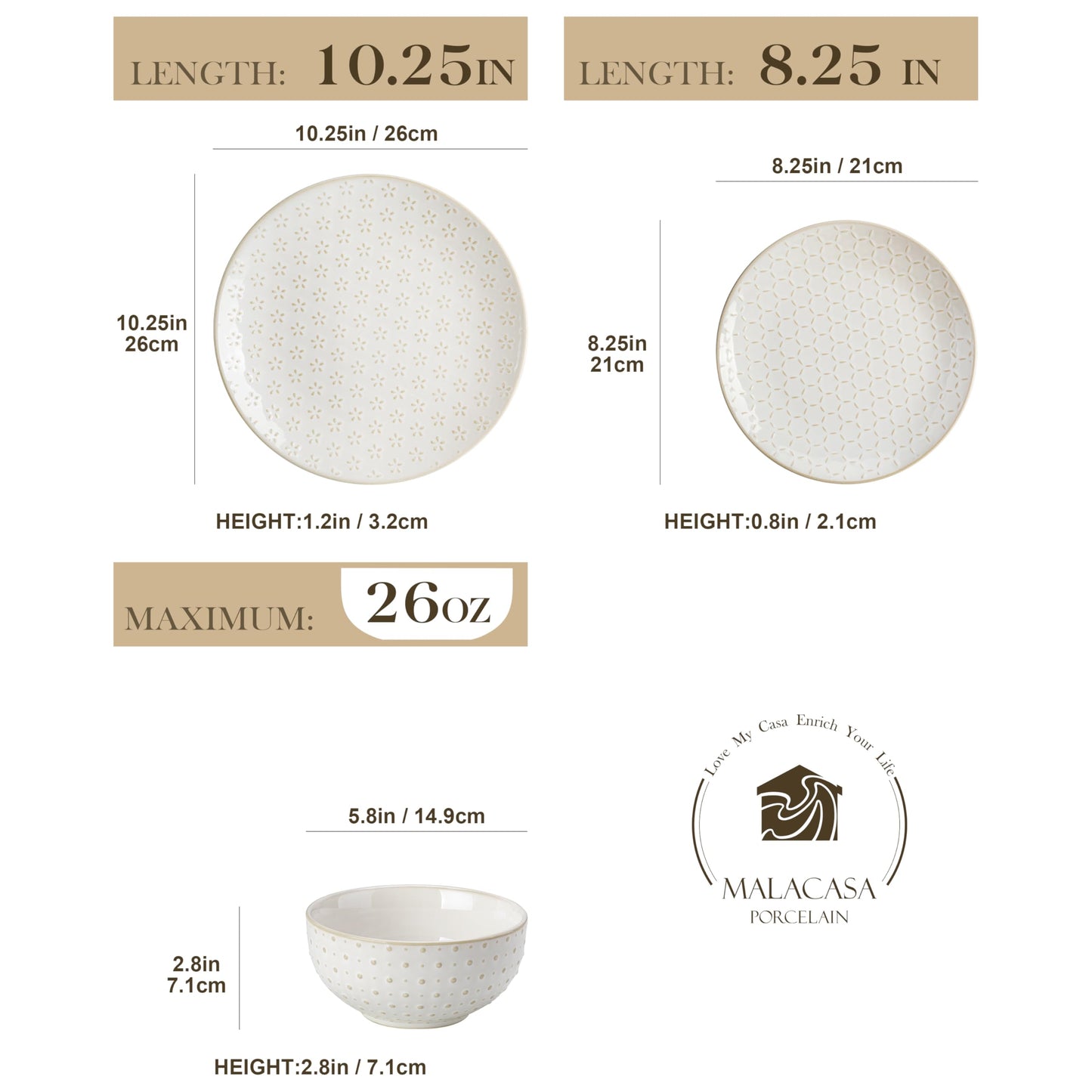 MALACASA 24 Piece Dinnerware Set, Embossed Ceramic Dish Sets Service for 8, Plates and Bowls Set, Durable Stoneware Tableware for Family Dinners, Dishwasher & Microwave Safe