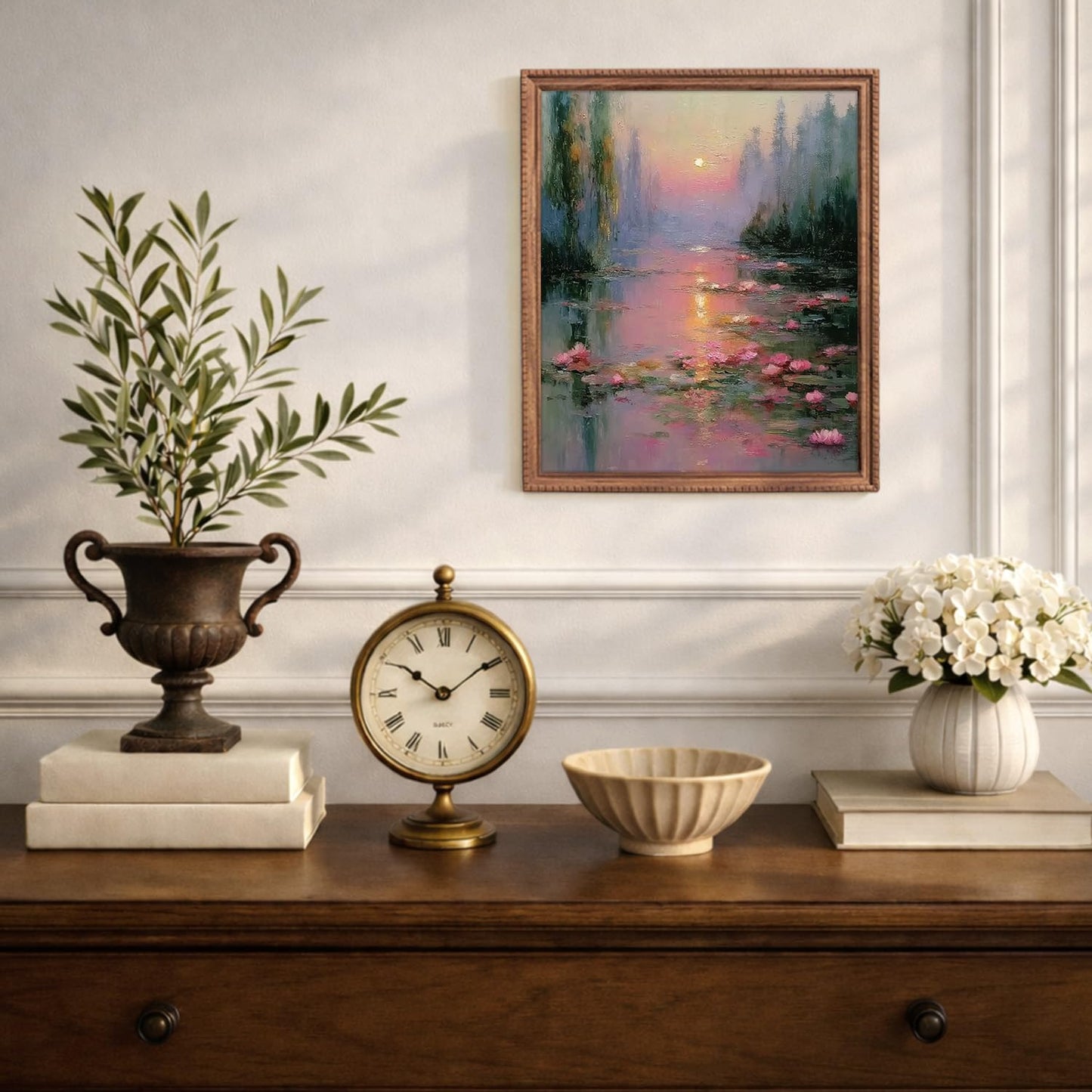 FOPENEM Pink Pastel Sunset Waterlily Landscape Diamond Painting Kit for Adults Beginners 9.8x11.8 Inch, Romantic Impressionist Lotus Flower Pond Gem Diamond Painting Art Kits for Home Wall Decor