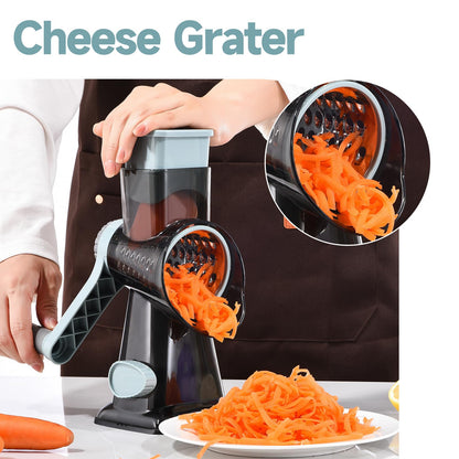 Rotary Cheese Grater with Handle Kitchen Shredder Slicer Grater Slicer Ice Shaver Cheese Vegetable Nuts Potato Zucchini Chocolate 3 Interchangeable Blades (GreyBlue