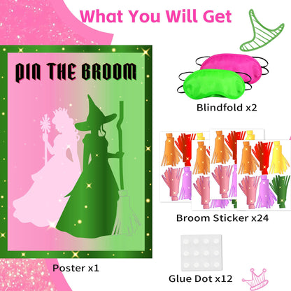 AFZMON Witch Party Decorations Pin The Broom Birthday Party Games Decorations, Pink and Green Poster with 24 Reusable Broom Stickers for Witch Party Wall Decorations Supplies- 19.5Inch x27.5Inch