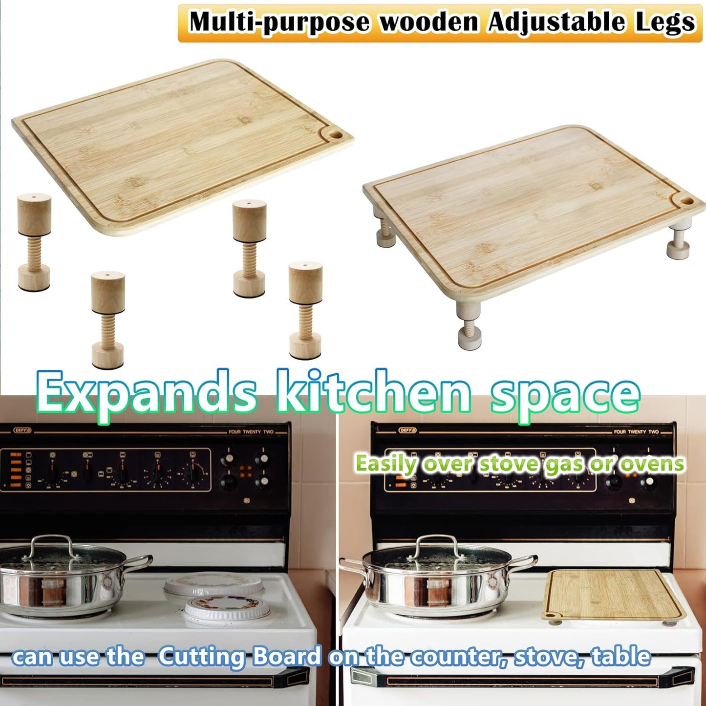Cutting Board Adjustable Feet - Wood Kit to Elevate and Skid-Proof Your Countertop Cutting Board, Beige