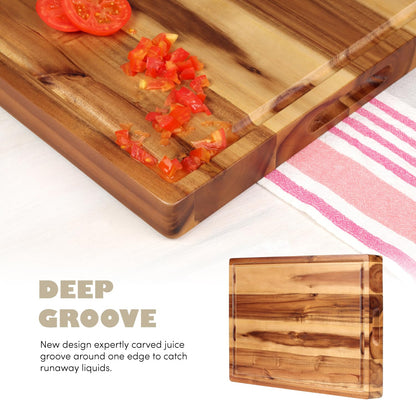 Acacia Wood Cutting Board (17x13x1.5in) and Wooden Butcher Block, Chopping Board - Reversible Multipurpose For Meat, Cheese Board, Vegetables, Bread...with Juice Groove, Cracker Holder & Inner Handles