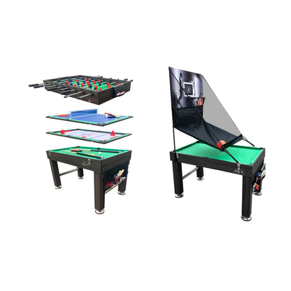 KICK Morpheus 55" 5-in-1 Multi-Game Table (Brown) – Foosball, Billiards/Pool, Ping Pong, Glide Hockey, and Basketball