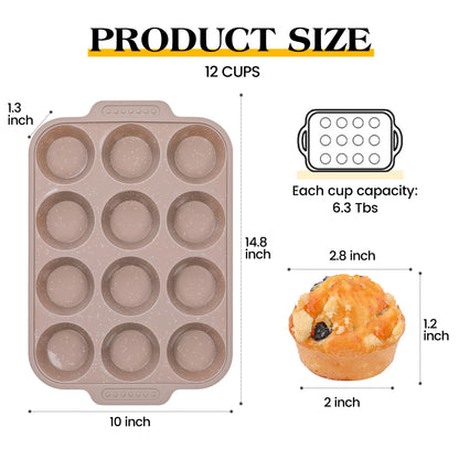 AOTASO 2 Pcs Silicone Muffin Pans for Baking with Metal Reinforced Frame, Nonstick Cupcake Tray for Oven, 12 Cups Regular Size Silicone Molds for Egg Bites, Dishwasher Safe (Brown, Cream)