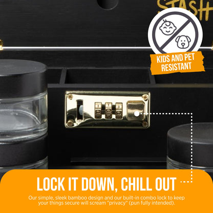 HASHSTASH The OG Storage Box - Large Bamboo Box with Combination Lock, Magnetic Lid, Organizer Tray, Airtight Tube and 3 Jars - Discreet Decorative Locking Wooden Box with Accessories (Black/Gold)