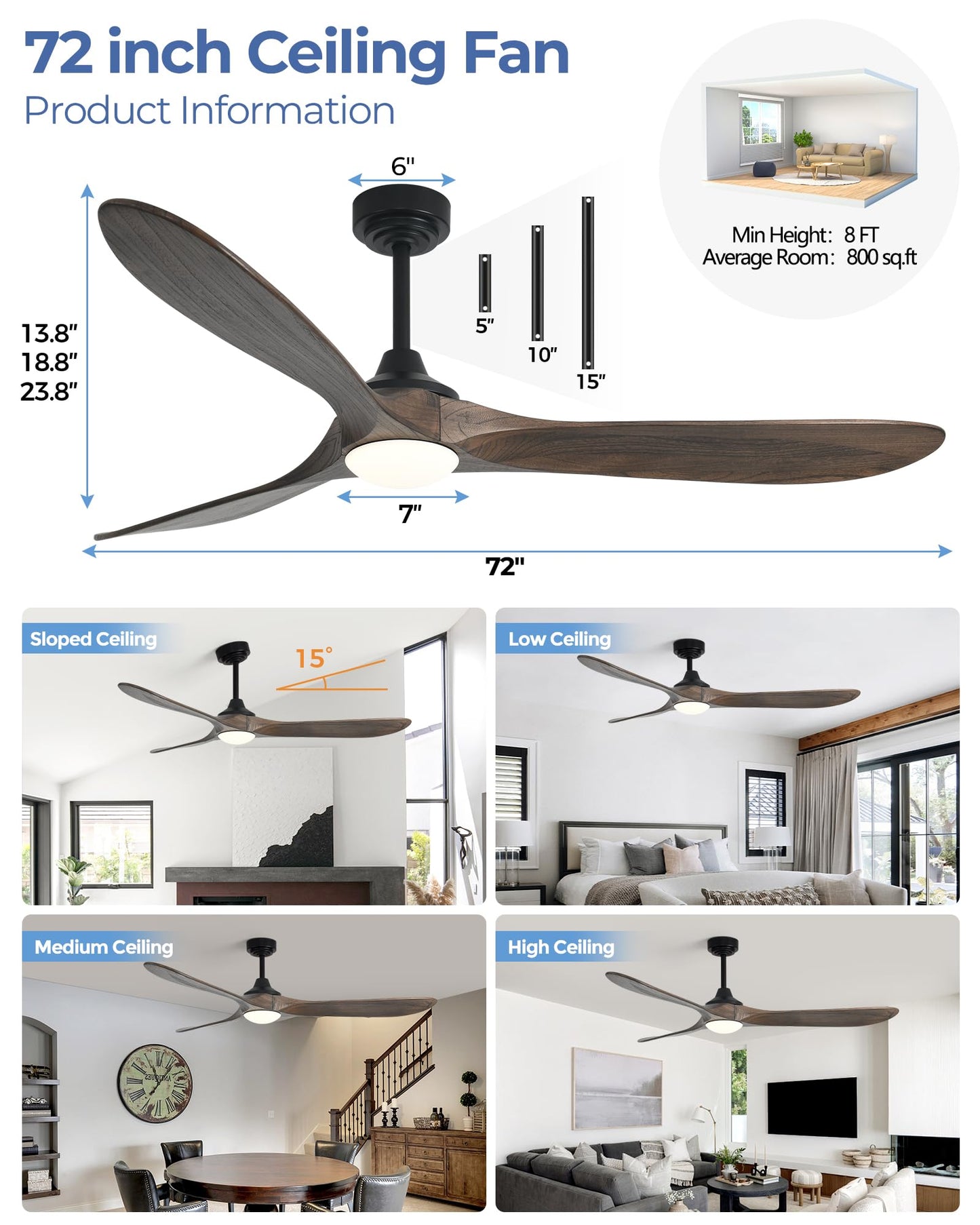 Ombrin 72 inch Outdoor Ceiling Fans with Lights,Smart Wood Large Ceiling Fan for Alexa,Google & APP Control,Indoor/Outdoor,3 Blades,3CCT Dimmable,Deep Brown Walnut,Downrod Mount for Patio Porch