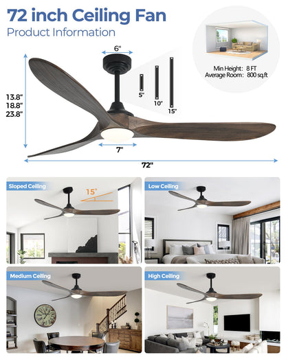 Ombrin 72 inch Outdoor Ceiling Fans with Lights,Smart Wood Large Ceiling Fan for Alexa,Google & APP Control,Indoor/Outdoor,3 Blades,3CCT Dimmable,Deep Brown Walnut,Downrod Mount for Patio Porch