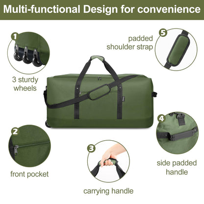 Finnhomy 120L Foldable Rolling Duffel Bag with 3 Wheels, Light Weight Travel Duffel bag with Large Loading Capacity, 32 inch Rolling Duffel bag with Shoulder Strap for Travel Camping Sports, Green