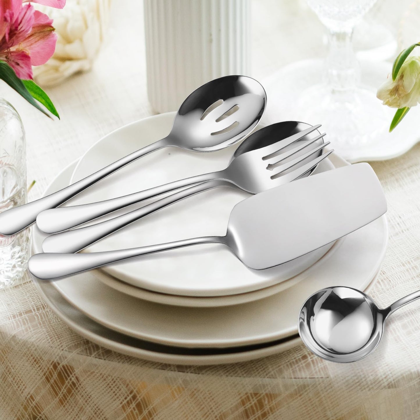 A · HOUSEWARE Serving Utensils 7 Pieces Stainless Steel Flatware include Cake Knife Server Large Spoon Spatula Big Fork Pefect For Festival Parties Buffet Catering Silverware