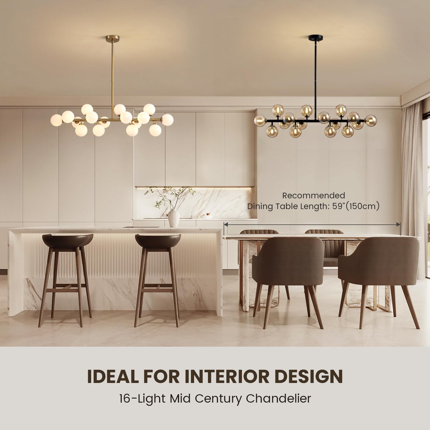 APBEAMLighting Mid Century Modern Chandeliers for Dining Room, 39" Linear Pendant Light Fixtures with Amber Glass Globe, 16-Light Sputnik Hanging Light for Living Room Kitchen Island