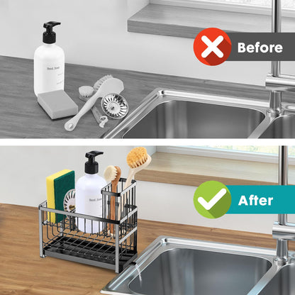 Sinnsally Kitchen Sponge Holder,Sink Caddy Organizer with High Brush Holder,Stainless Steel Sink Box Dish Scrubber Holder,Soap Tray for Kitchen Counter Accessories & Storage Rack(2 Tier - Black)