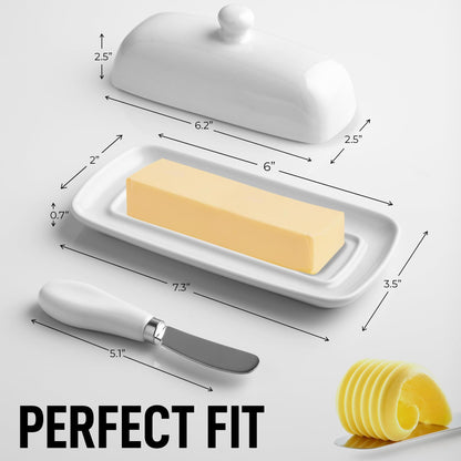 Zulay Kitchen Ceramic Butter Dish with Lid For Countertop & Stainless Steel Knife – Keeps Butter Soft & Fresh – White Butter Dish with Easy-Grip Knob, Durable & Everyday Butter Holder for Home - White