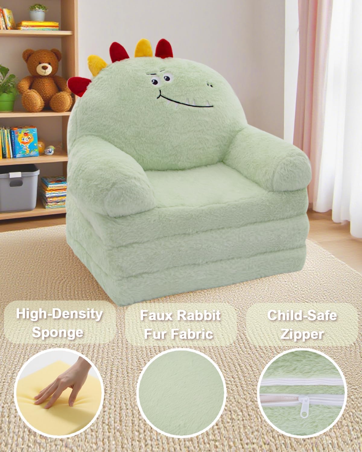 2-in-1 1-3 Toddler Chair Toddler Couch: Kids Chairs Comfy Kids Sofa Fold Out for Girls and Boys Years Old, Green
