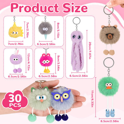LiYiQ 30 Pcs Cute Plush Keychains Kawaii Keychain Bulk for Birthday Goodie Bags Pinata Toys Classroom Prizes Party Favors