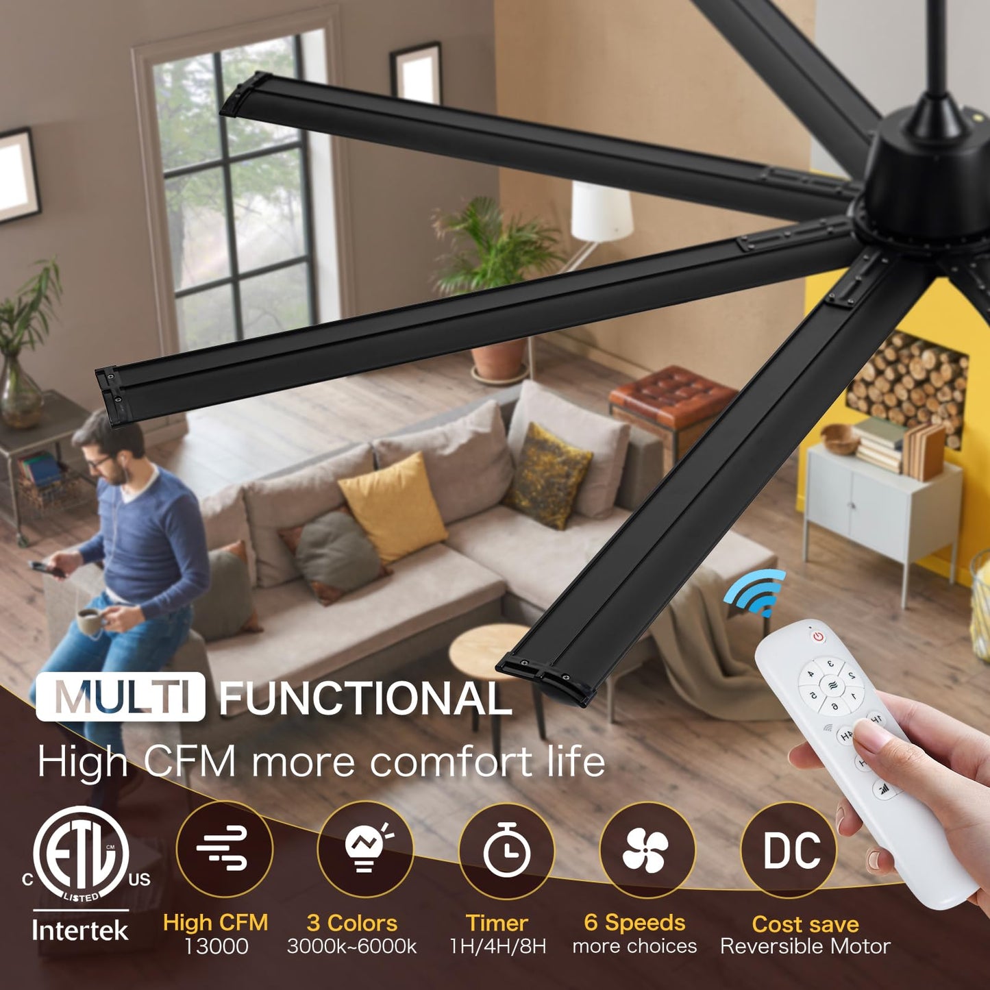 84 Inch Industrial Ceiling Fans with Light,Large Ceiling Fan with Modern 8 Aluminum Blades,Compatible with Alexa,Noiseless DC Motor,Black Outdoor Fan for Garage or Pool area