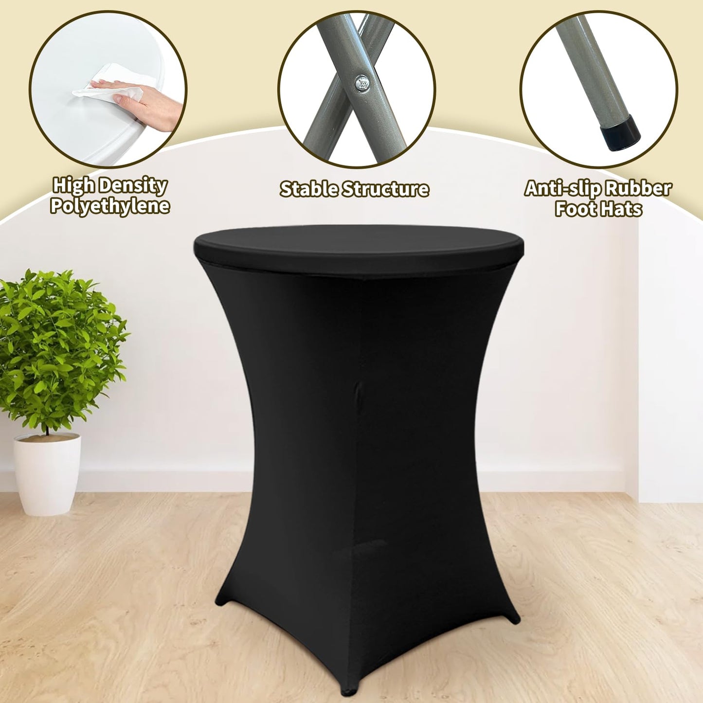 Sowhatsowoo 2 Sets 32" High Top Round Folding Cocktail Tables White Bar Height with Removable Legs & 32"x43" Spandex Stretch Black Table Covers Hightop Table for Outdoor Indoor Wedding Parties