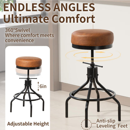 Adjustable Height Bar Stools Set of 3, Swivel Modern Industrial Barstools, Upholstered PU Leather Bar Chairs, Counter Height Stools 22-28 Inch for Kitchen Island, Dining Room (MY-D017-Brown-3)