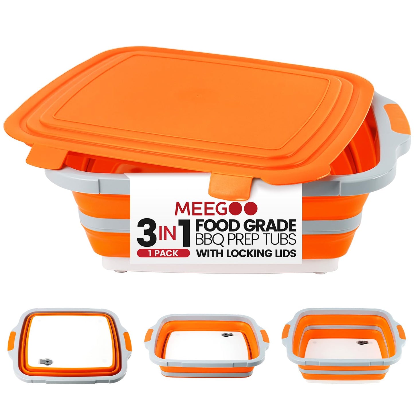 BBQ Prep Tub 3-IN-1 Large 16L Collapsible Cutting Board with Locking Lid for Meal Prep Marinating Food, Camping Sink with Colander, Dish Basin, Storage Blanket for Camping Picnic BBQ, Orange