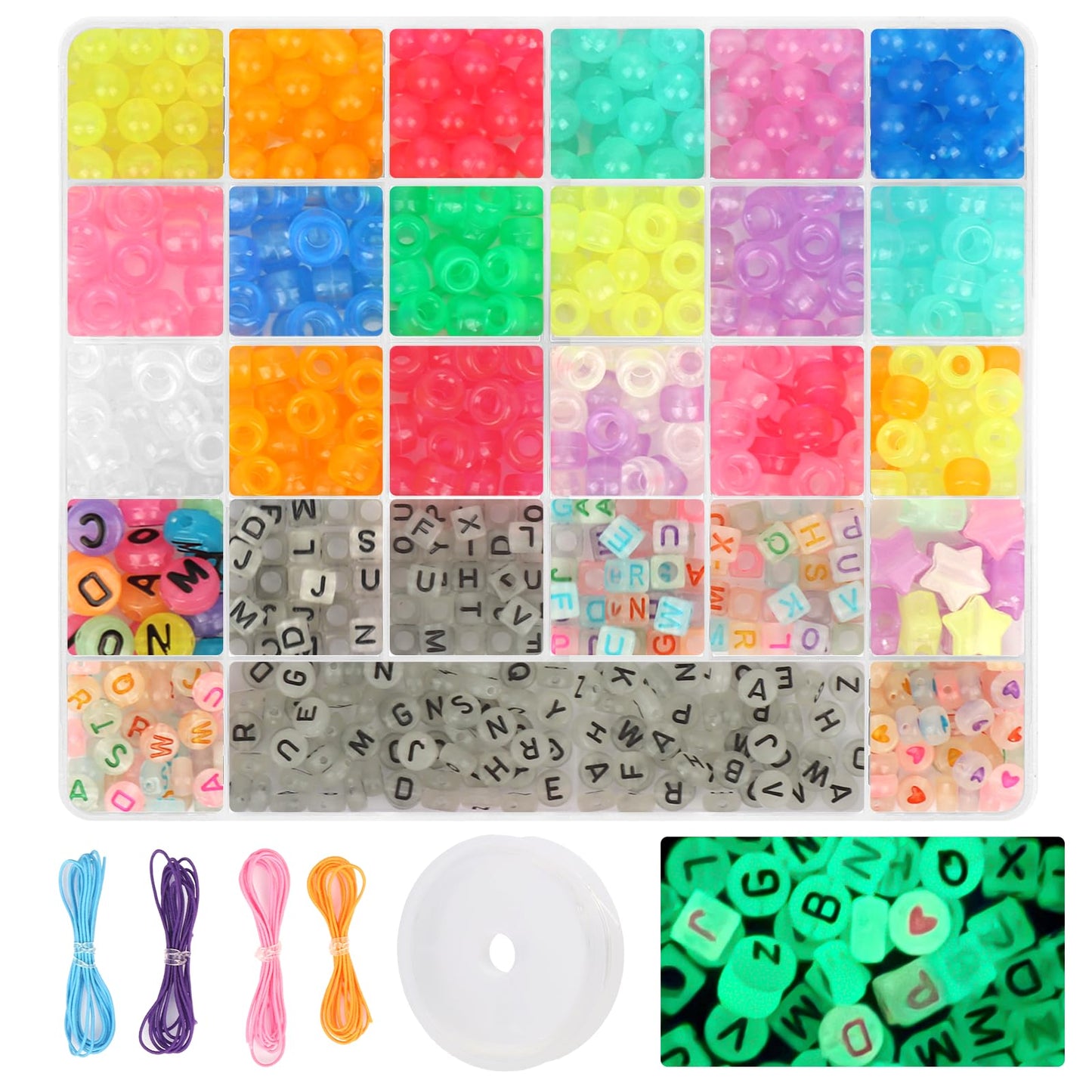 QVTWUT Glow in The Dark Pony Beads for Bracelets, 6x9mm Kandi Beads Neon for Necklace Jewelry, Bracelets Making, Hair Braiding, Crafts Braids Kits, 24 Color 1000 pcs