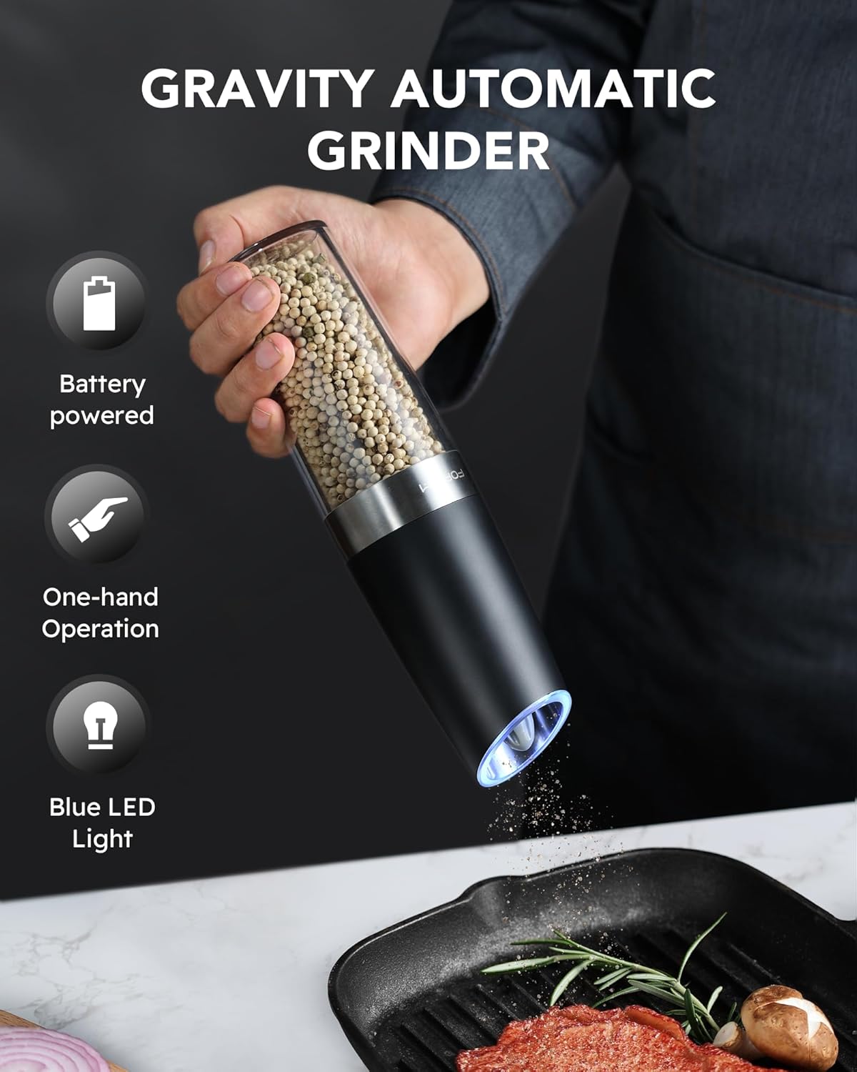Electric Salt and Pepper Grinder Set, Refillable Battery Operated Automatic Shakers, Adjustable Coarseness