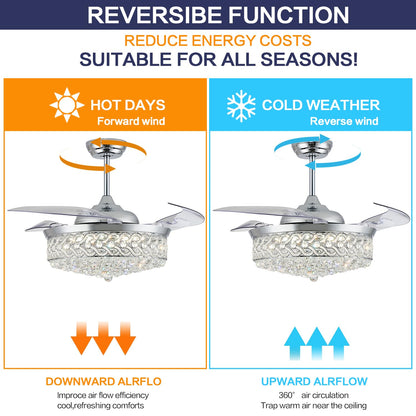 PAFRUMGE 52" Crystal Ceiling Fan with Light and Remote，Dimmable Fandelier with Invisible Retractable Blades, Modern Chandelier Ceiling Fans with Lights for Bedroom Living Room 6 Speed Chrome