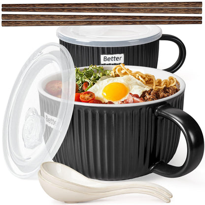 Artena 38 oz Soup Bowls with Handles, Lids, Spoons & Chopsticks – 6 Inch Large Microwave Safe Ceramic Ramen Bowls, Soup Mugs & Cereal Bowls for Instant Noodles, Oatmeal, Meal Prep (Black-Set of 2)