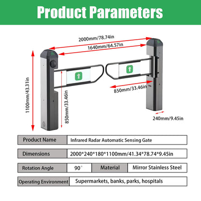 FRANREADER Public Entrance Automatic Turnstile with Radar Sensing - 90° Swing Gate for Transportation Hubs & Retail, Featuring Reverse Alarms & LED Indicators, One-Way Entry Access Control System