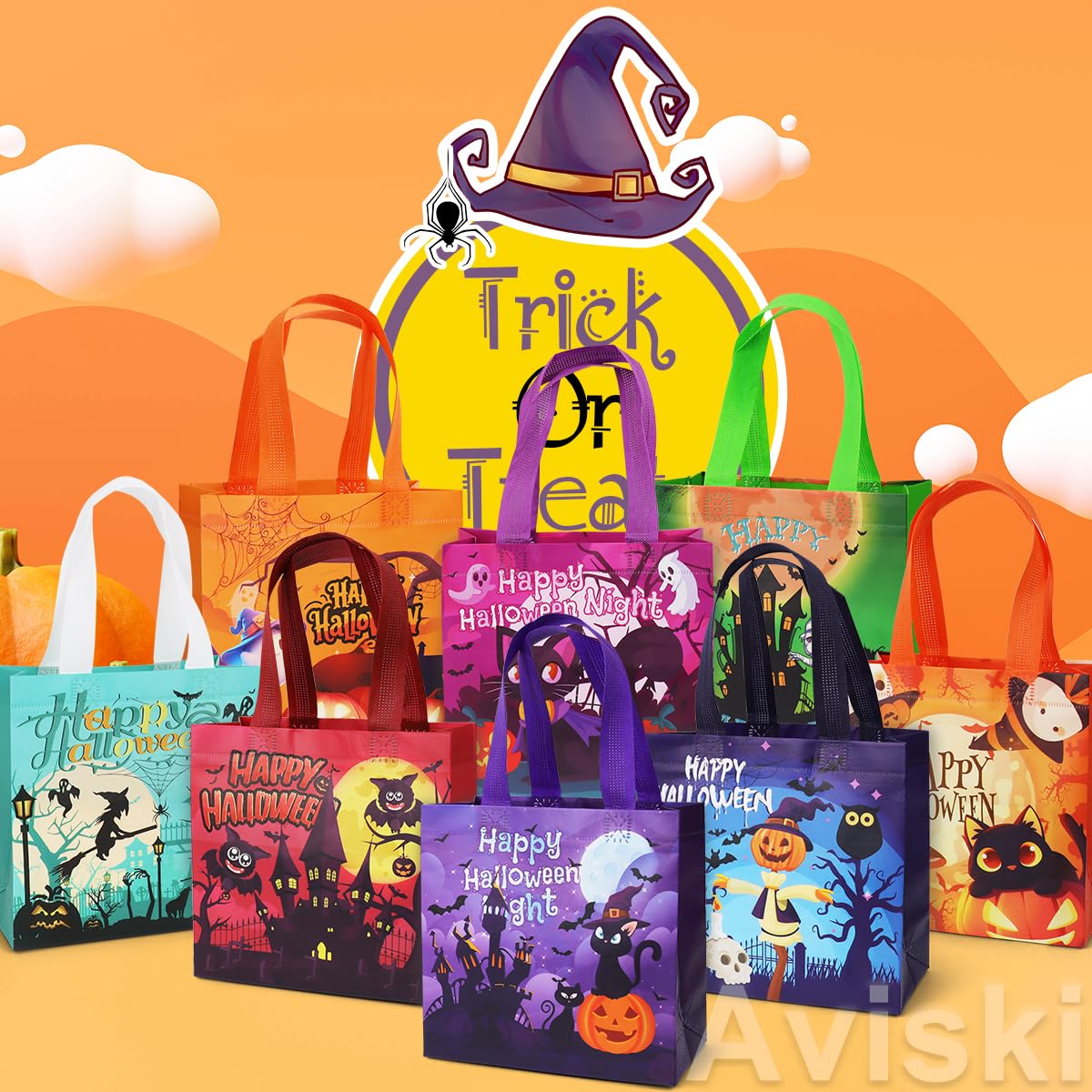 Aviski 24PCS Halloween Small Trick or Treat Bags, 7.9"×7.9"×3.15", Non-Woven Gift Tote Bags with Handles for Gifts Wrapping, Party Supplies