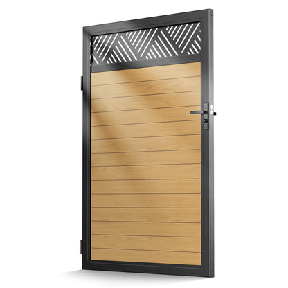 TORMIZ 4x6 FT (46.8"x70.8") All-Aluminum Fence Gate Kit with Wood-Grain Panels – Heavy Duty Anti-Sag Metal Gate Frame, Pre-Installed Left/Right Mount (All-in-One Kit, Panels Included)