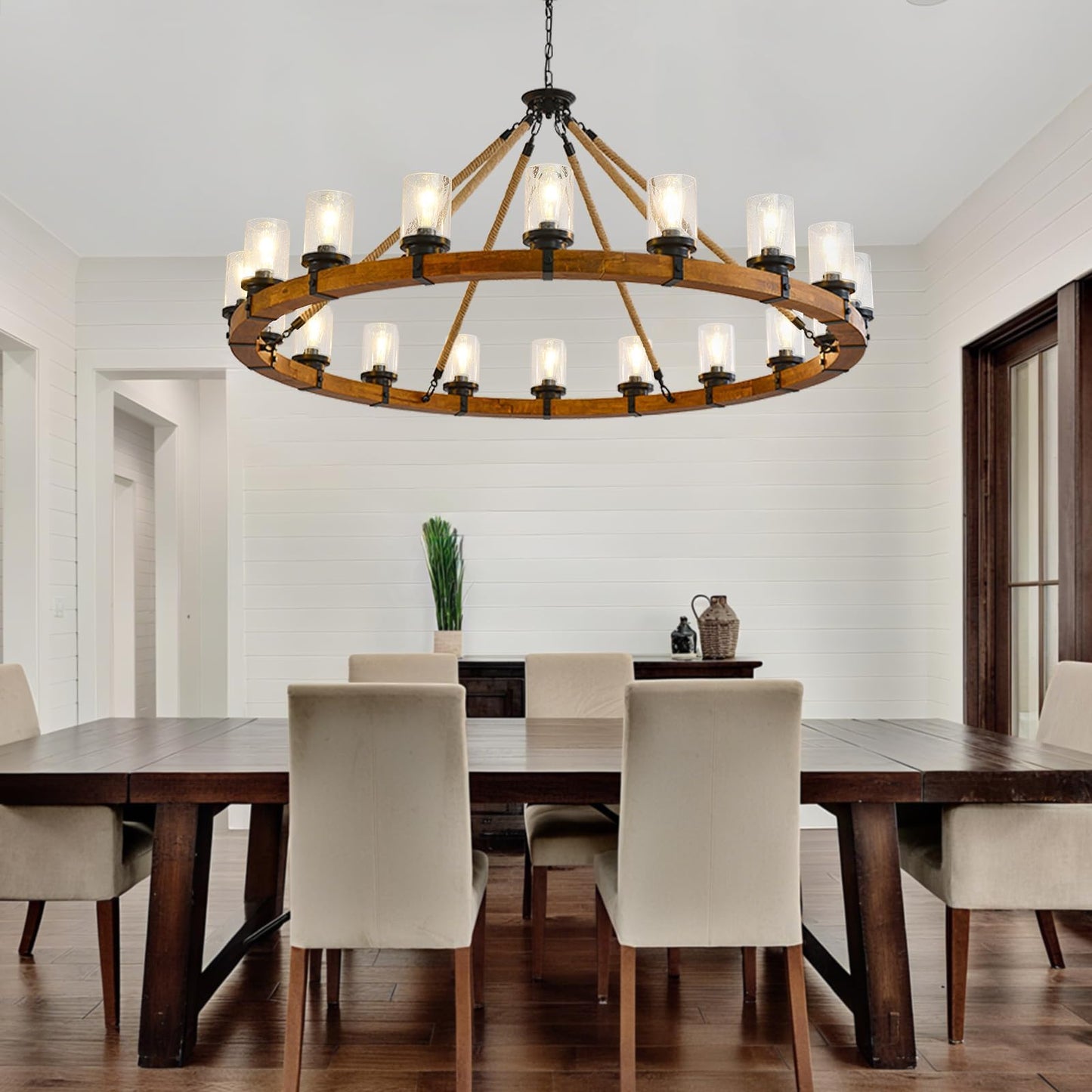FOVICY 60-Inch Wood Wagon Wheel Chandelier with Bubble Glass Shade, 18-Light Extra Large Farmhouse Chandelier, Rustic Light Fixture for Dining Room High Ceilings Entryway