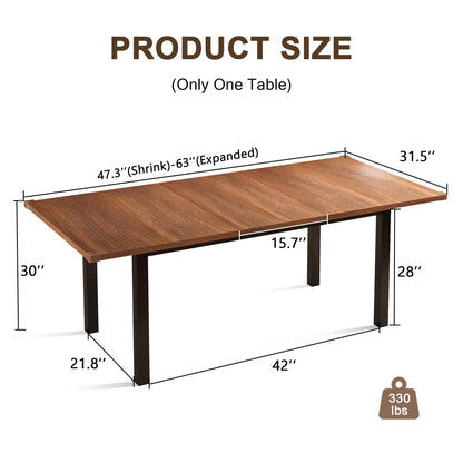 Einhomn Extendable Dining Table for 4-6, 63" Modern Kitchen Table, Farmhouse Dining Room Tables for Dining, Kitchen, Office, Living Room, Rectangular Wooden Tables, Space Saving (Walnut)