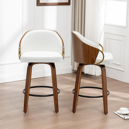 YOUUGIOR 30" Swivel Bar Height Bar Stools Set of 2,White Leather Tall Barstools Mid Century Modern Bar Chairs with Wood Legs and Golden Arms for Kitchen Dining Pub Cafe