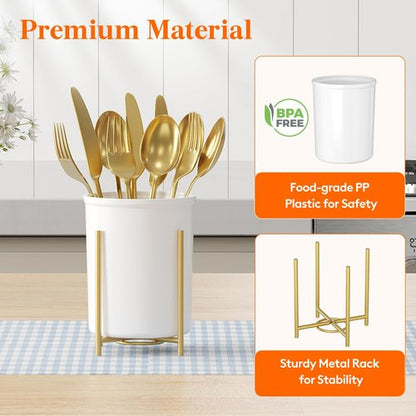 Lifewit Plastic Silverware Holder for Kitchen Countertop, Cutlery Flatware Caddy with Metal Bracket, Utensil Spoon Fork knives Organizer for Party Picnic, Gold, 3 Pack
