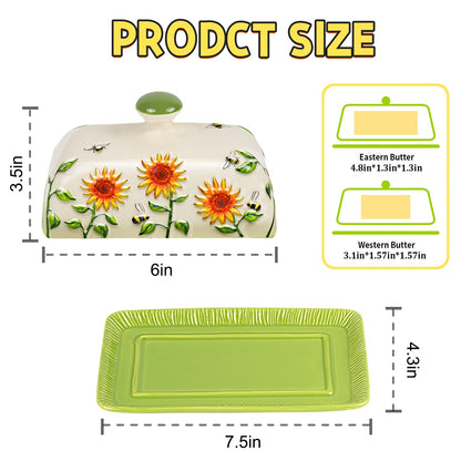 Butter Dish with Lid for Countertop, Sunflower Butter Keeper Holder, 7.5”x4.3” Large Ceramic Butter Tray Storage Sunflower Decor Valentine's Day Mother's Day Gifts