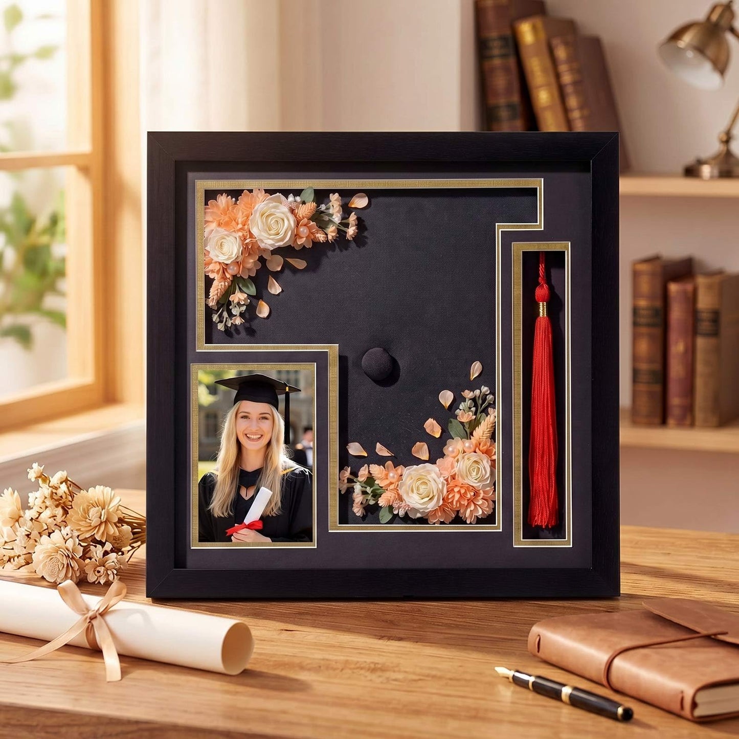Sliner 2026 Graduation Shadow Box Frame 12.5 x 13 Inch Display Case with Acrylic Window for 3 x 5 Photo Grad Cap Tassel Wood Graduation Cap Frame for 2026 Graduates Tabletop Wall Display Party Gift