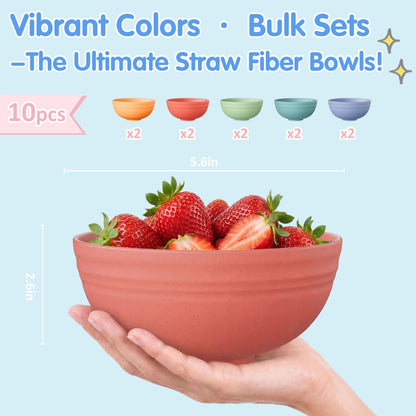 Quatish 10 PCS Unbreakable Cereal Bowls,Dishwasher & Microwave Safe Wheat Straw Bowls, Easy-to-Clean Lightweight Desserts & Soup Bowl, Portable for Picnics ，Snack Plastic Bowls Set，Multi-Color