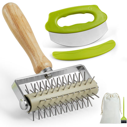 MUMSUNG Pizza Dough Docker Roller with Stainless Steel Spikes and Pizza Cutter with Protective Cover, Includes Cleaning Brush and Canvas Bag, Perfect for Homemade Pizza, Pie, and Pastry