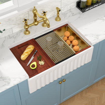 Sarlai White Farmhouse Sink - 33 Inch Farm Kitchen Sink Undermount Workstation Apron Front Reversible Ceramic Fireclay Single Bowl Farmer Sinks Basin 33 x 20 Inch With Gold Accessories