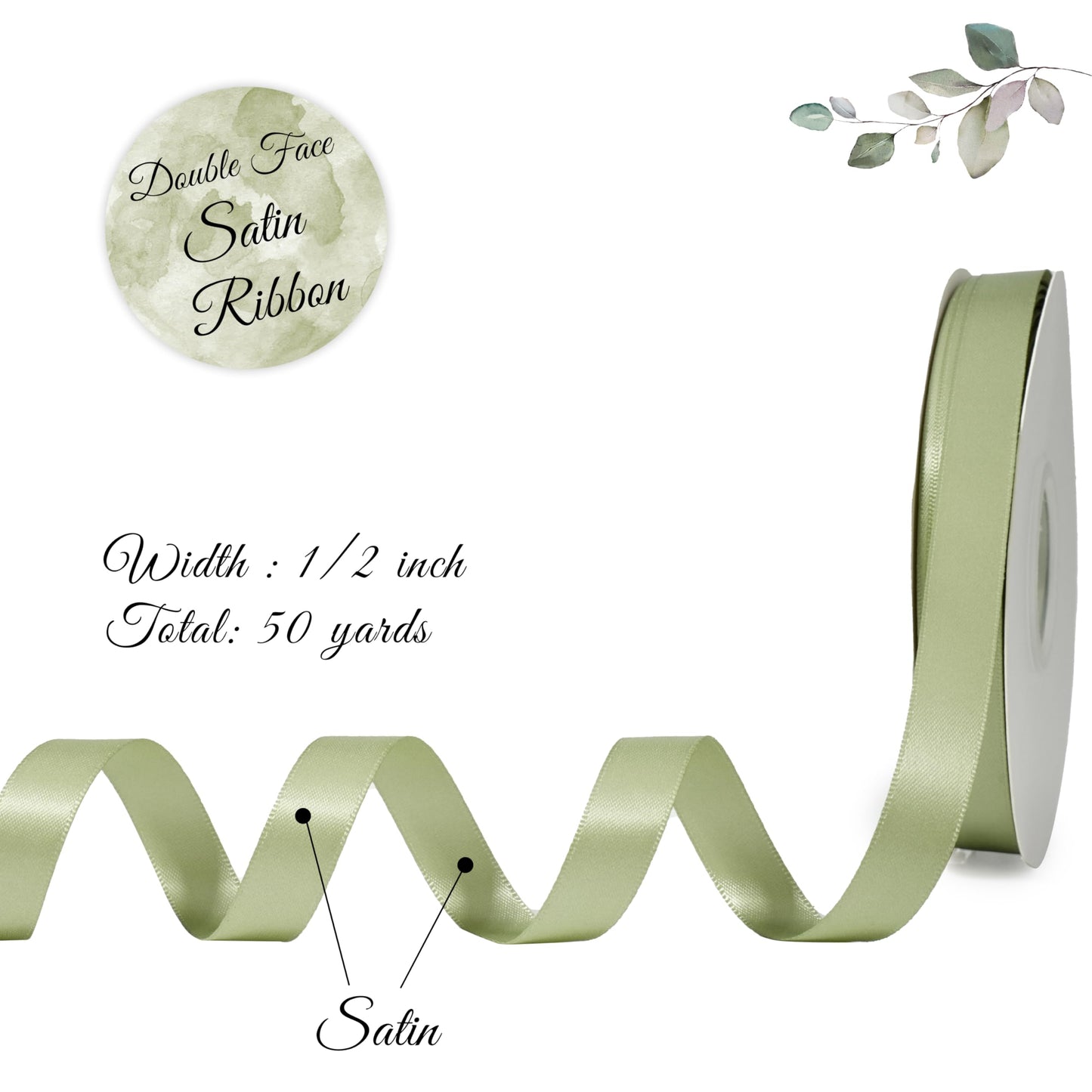 DINDOSAL Sage Green Satin Ribbon, 1/2 Inch x 50 Yards, Thin Ribbon for Wedding Decor, Gift Wrapping, Hair Bows, Baby Shower, Invitations, Bouquet Wrap