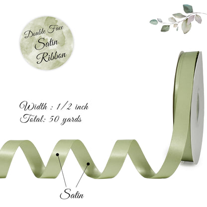 DINDOSAL Sage Green Satin Ribbon, 1/2 Inch x 50 Yards, Thin Ribbon for Wedding Decor, Gift Wrapping, Hair Bows, Baby Shower, Invitations, Bouquet Wrap