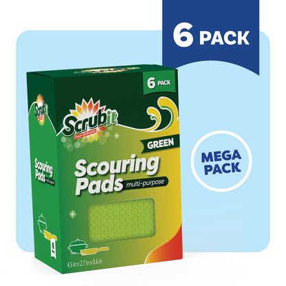 SCRUBIT Multi-Purpose Scouring Pad - Non-Scratch Cleaning Sponges for Pots, Pans, Dishes, Utensils & Non-Stick Cookware - Scrubbing Pads Use for Kitchen, Bathroom - 6 Pack Dish Sponge (Green)