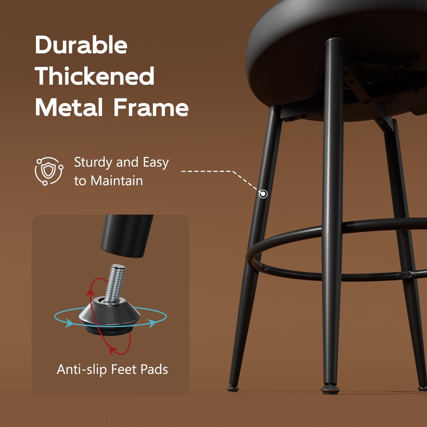 Sucrever Bar Stools Set of 4, 26" Counter Height Swivel Bar Stools, Upholstered Leather Barstools with Back Footrest Metal Legs, Stools for Kitchen Island, Home Bar, Dining Room Black